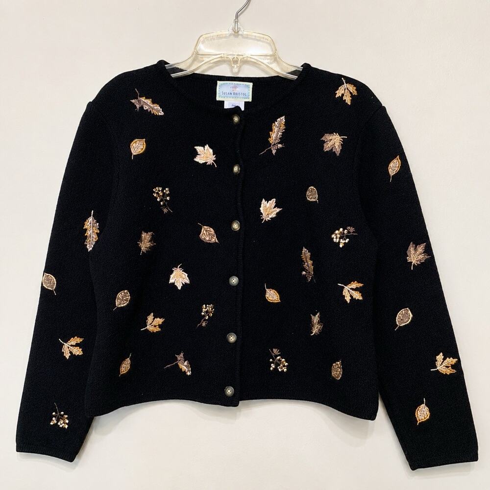 Vintage 1999 Y2K Susan Bristol Cardigan PM Black Embroidered Leaves Fall Sweater